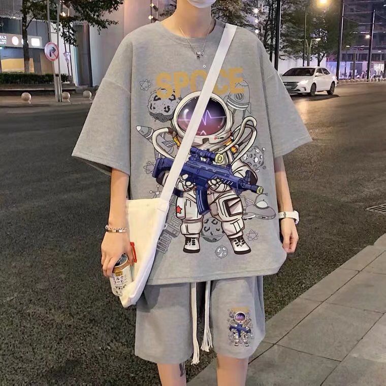 Set Đồ 2 Món Gồm Áo Tay Ngắn Và Quần Ngắn Dáng Rộng Thời Trang Phong Cách Hong Kong Cho Nam