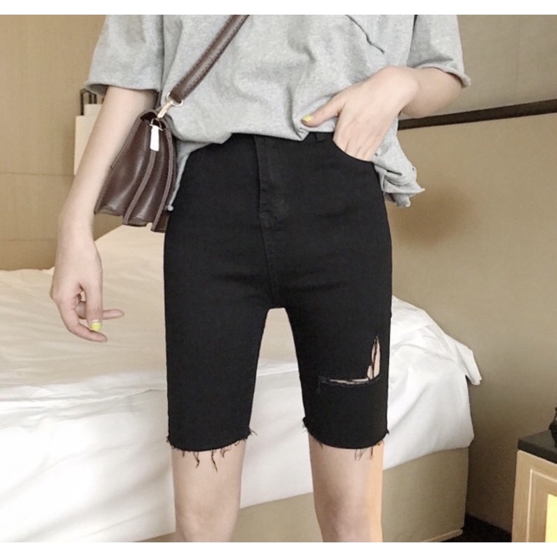 [Bigsizs 32-36] Quần Ngố Jean Đen Rách Kiểu , Short Jean Lưng Cao Co Giãn Mạnh