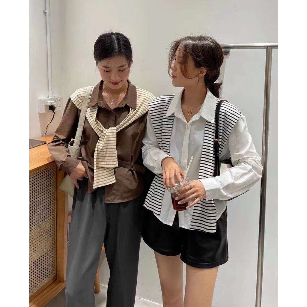 Áo sơ mi Hàn Quốc, Áo sơ mi dáng rộng chất đũi phối khăn buộc vai kẻ Ulzzang