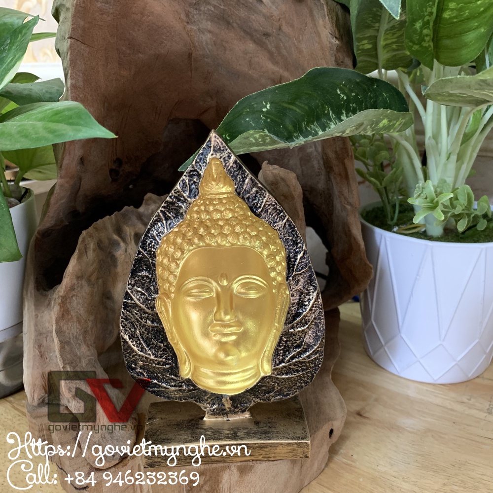 Tượng đá trang trí phòng thờ Phật Thích Ca 3D Lá Bồ Đề - Chiều cao 18cm - Màu Nhũ Vàng