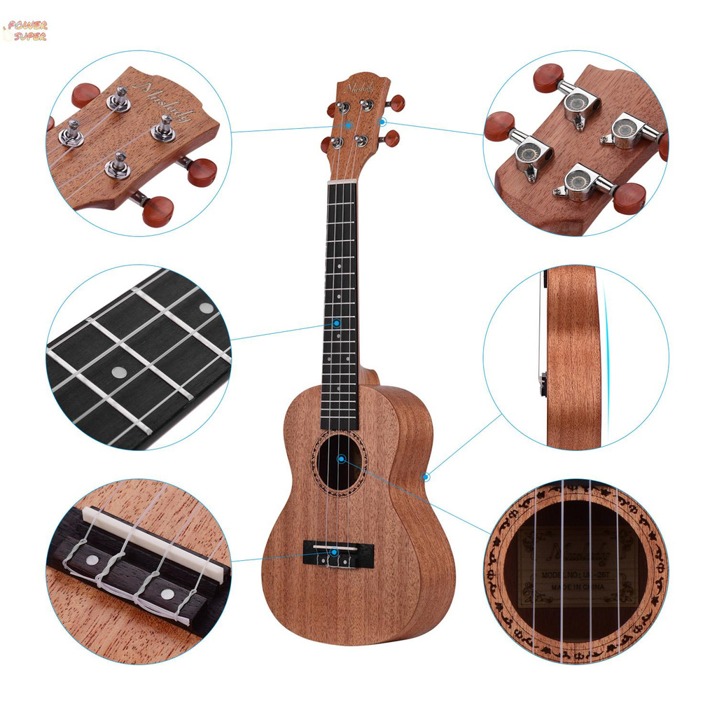 Muslady 26 Inch Tenor Ukulele Ukelele Mahogany Plywood with Carry Bag Uke Strap Strings Clip-on Tuner Cleaning Cloth Capo 3pcs Celluloid Picks