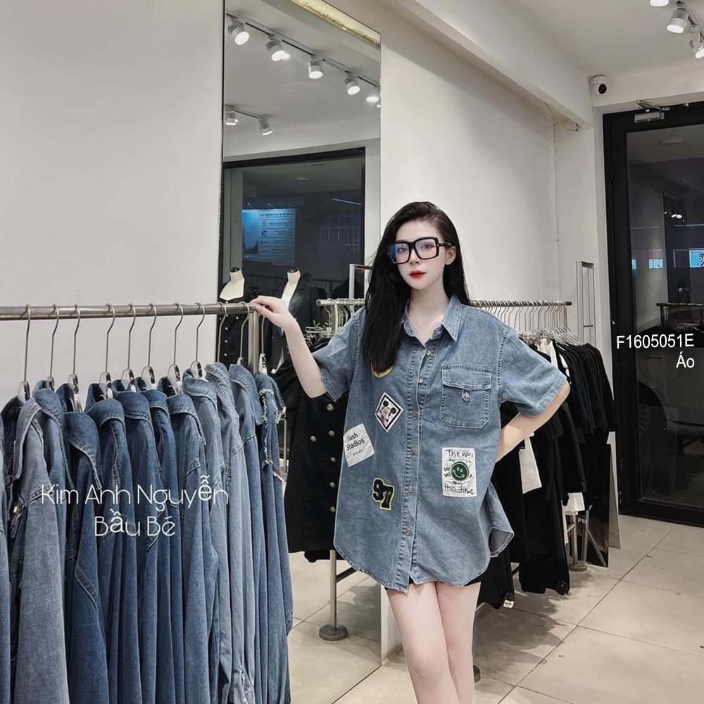 (Hàng sẵn) Áo sơ mi jean tay con tag hình mặt cười hàng đẹp!