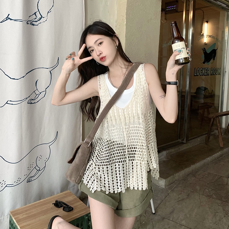 Xiaozhainv Áo Dệt Kim Không Tay Dáng Rộng Phong Cách retro Hàn Quốc Dành Cho Nữ