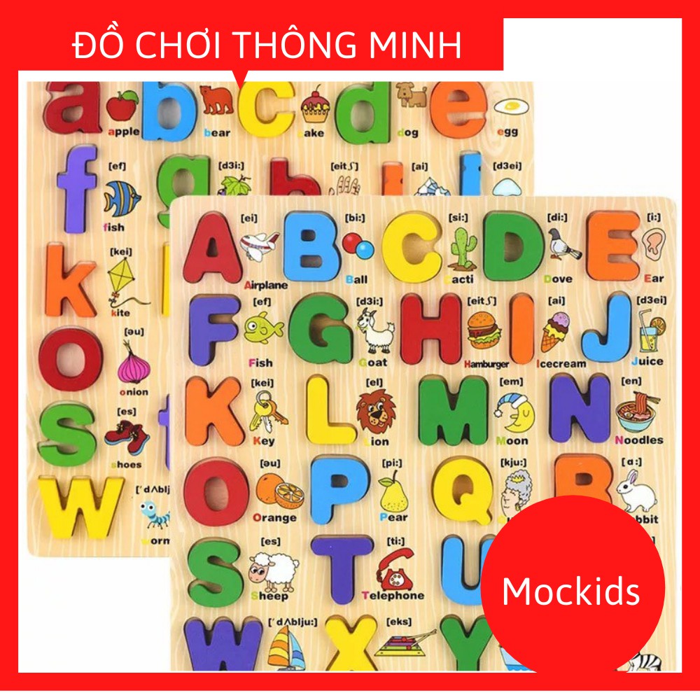 Combo Bảng Chữ Cái cao cấp Tiếng Anh Họa Tiết Minh Họa Phiên Âm Cho Bé Kích Thước 30x30cm_Mockids