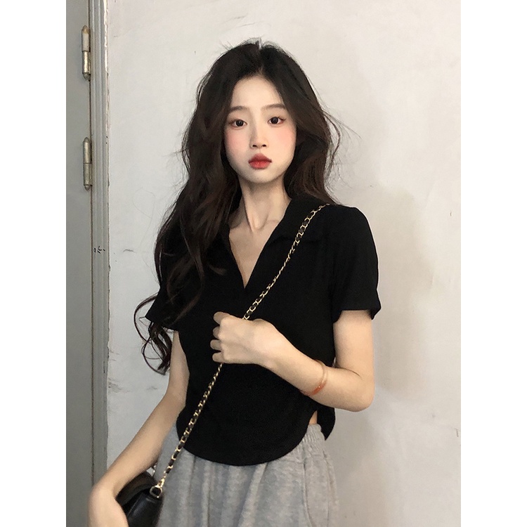 Áo croptop ZHELIHANGFEI cổ polo tay ngắn thiết kế độc đáo thời trang quyến rũ dành cho nữ