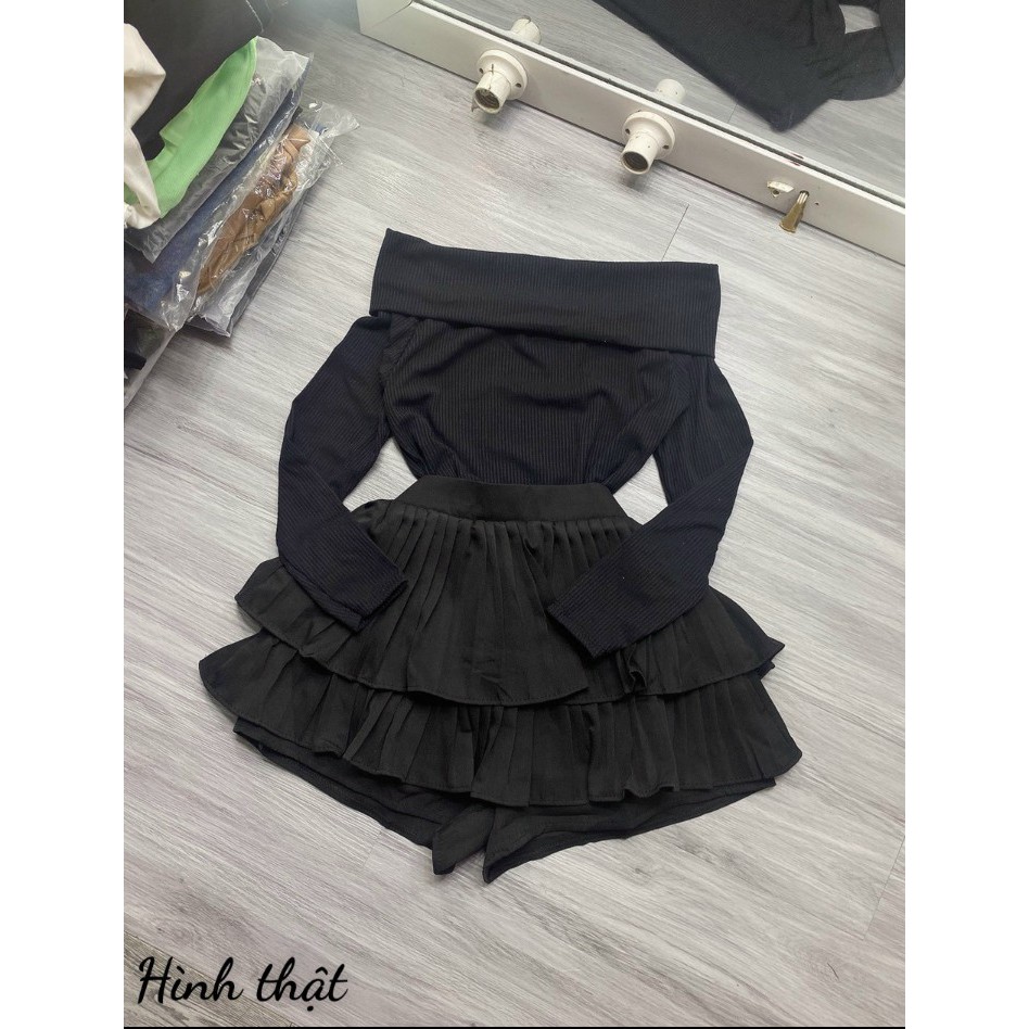 Áo bẹt vai tay dài phối chất thun Gân Len Cam Kết Hàng Y Hình Kèm Ảnh Thật + Clip Chính Chủ