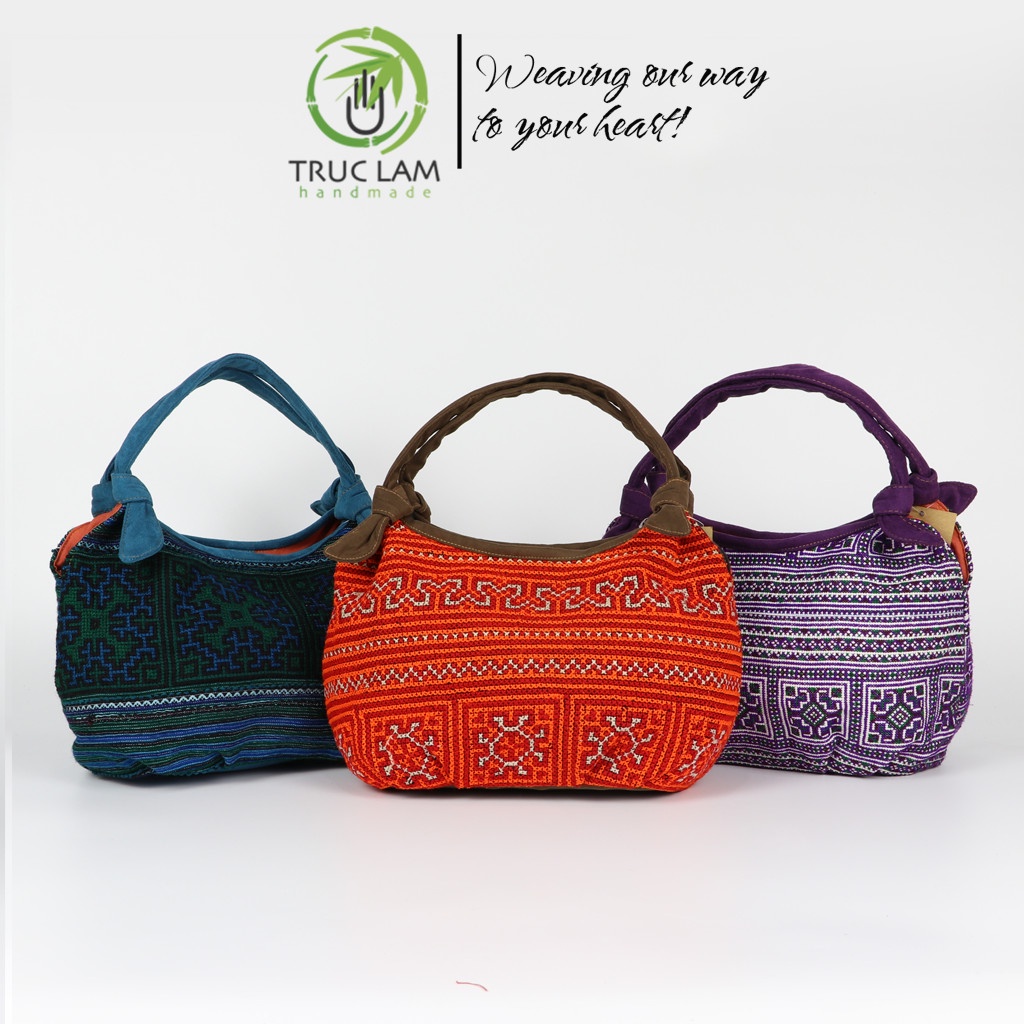 Túi Xách Tay Thời Trang Nữ Vải Thổ Cẩm Thêu Tay Phối Vải Da Lộn Size Nhỏ - Trúc Lâm Handmade
