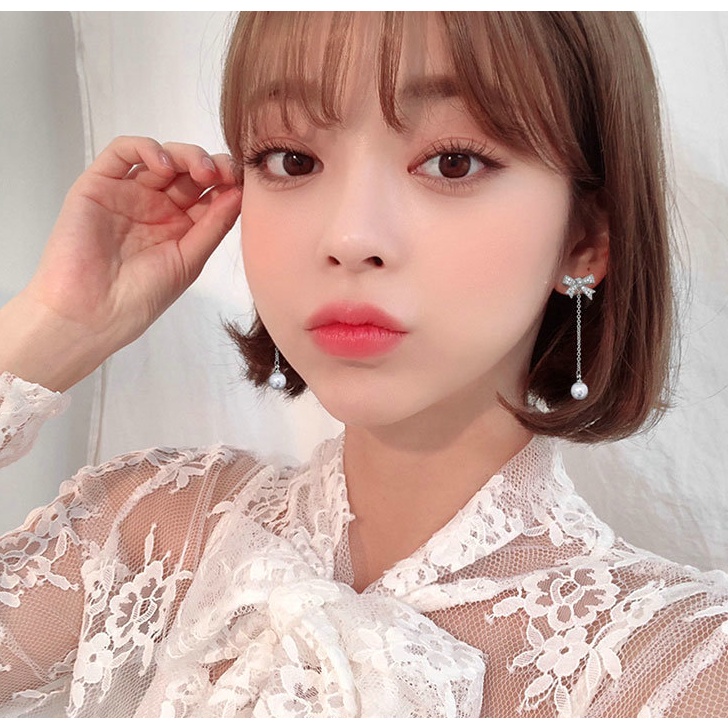 Bông tai nơ ngọc trắng dài xinh xắn cho nữ