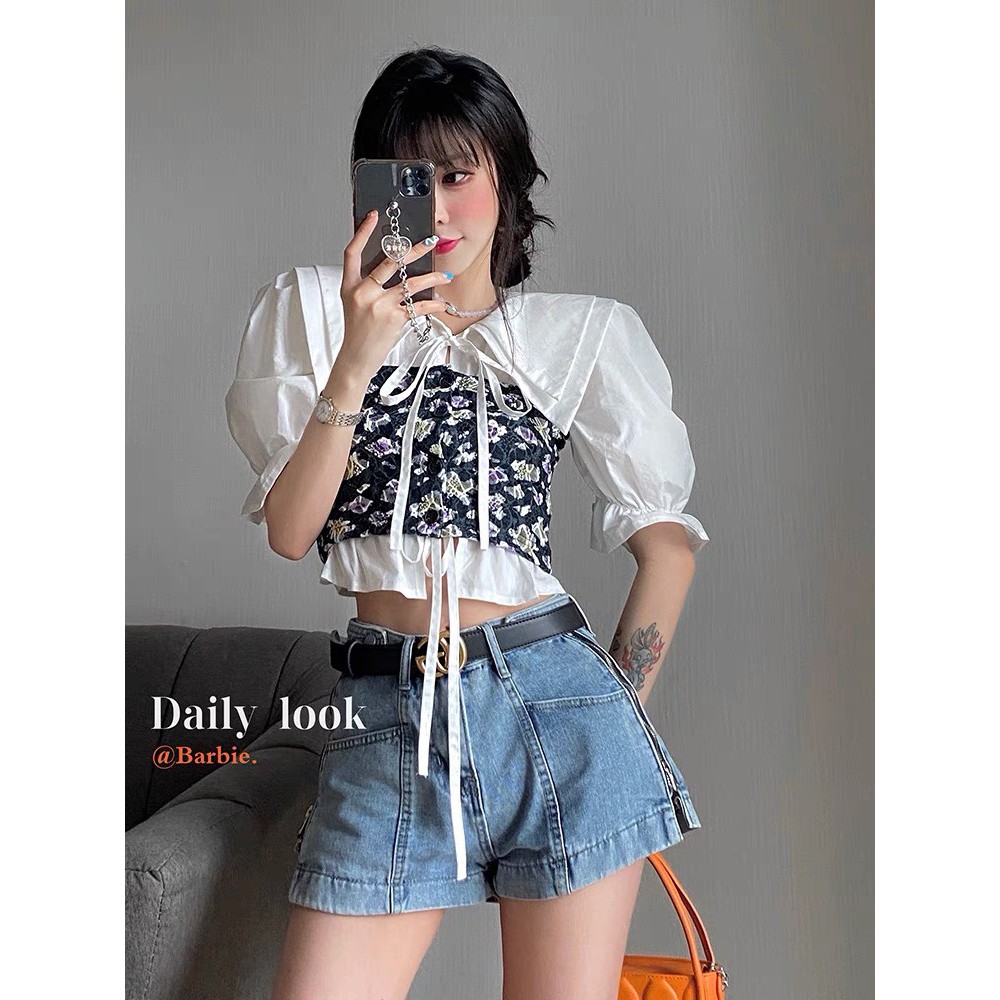 Set áo sơ mi buộc mix áo 2 dây ren croptop - Set sơ mi trắng kèm áo hai dây ren