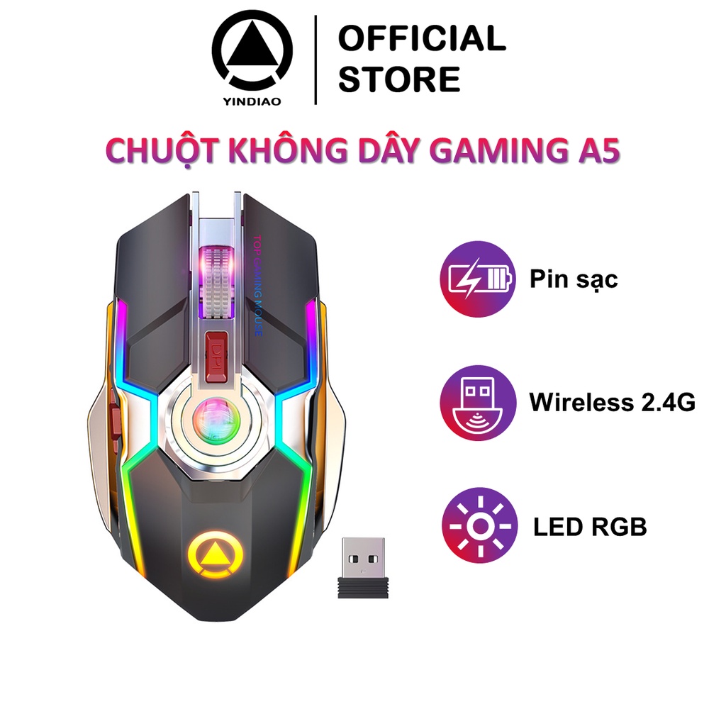 Chuột không dây gaming YINDIAO A5 có 3 chế độ DPI và hiệu ứng LED RGB chuyên chơi game Moba FPS  - Hàng chính hãng