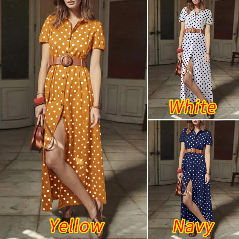 Đầm Dài ZANZEA Chia Đuôi Cho Nữ Ngắn Tay Có Cổ In Chấm Bi Khóa Nút | BigBuy360 - bigbuy360.vn