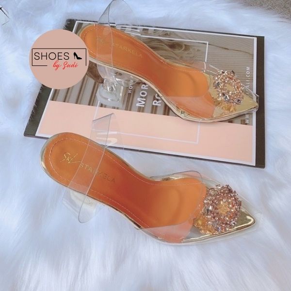 Guốc cao 9p gót nhọn bít mũi trong suốt đính đá SUDI SHOES A16 BBF có hậu quai trong suốt thu hút mọi ánh nhìn