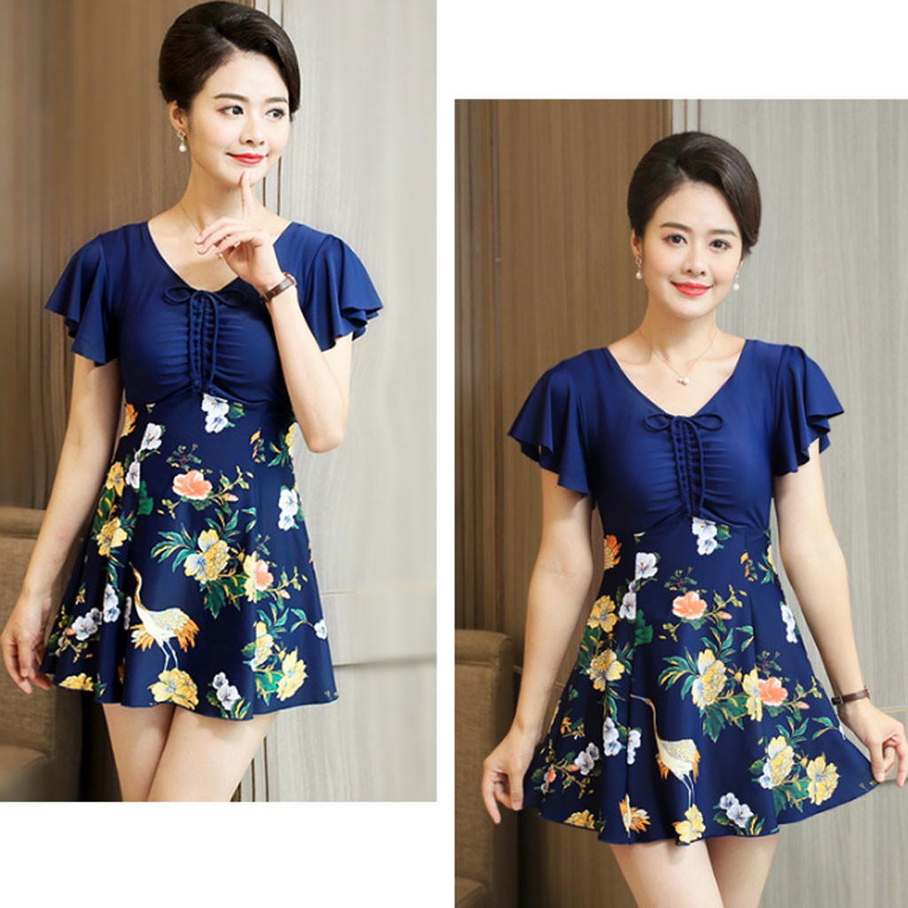 Đồ bơi nữ, đồ bơi trung niên kín đáo (Có mút lót + quần đùi trong váy)