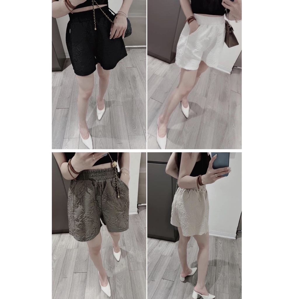 Quần đùi nữ mặc nhà cạp chun lưng cao vải xốp phồng in hoa nổi màu Đen Trắng ống rộng mặc đi biển học chơi thể thao đẹp