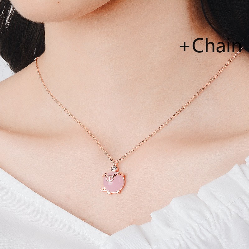 Dây chuyền bạc mặt hình chú Hợi đính pha lê màu hồng phong cách Trung Hoa dành cho bạn nữ