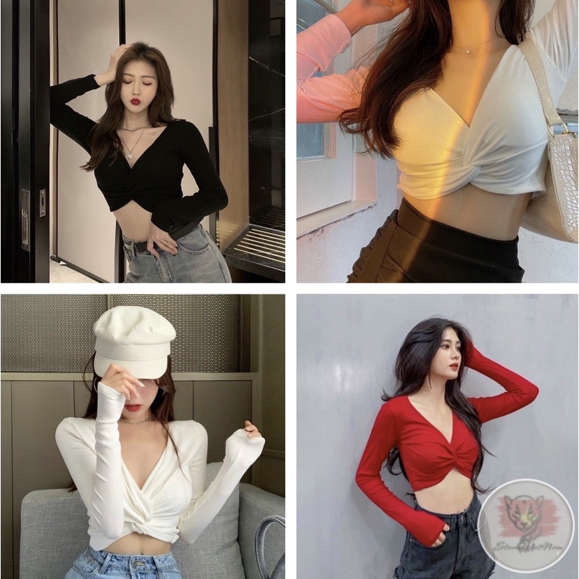 Áo Croptop Cổ V Khoét Sâu Xoắn Ngực Tay Dài Tôn Dáng Gợi Cảm - AK0081 | steven.factory
