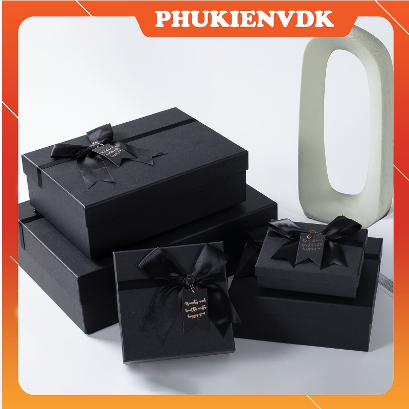 Hộp quà tặng hộp quà sinh nhật gắn nơ màu đen size to cao cấp