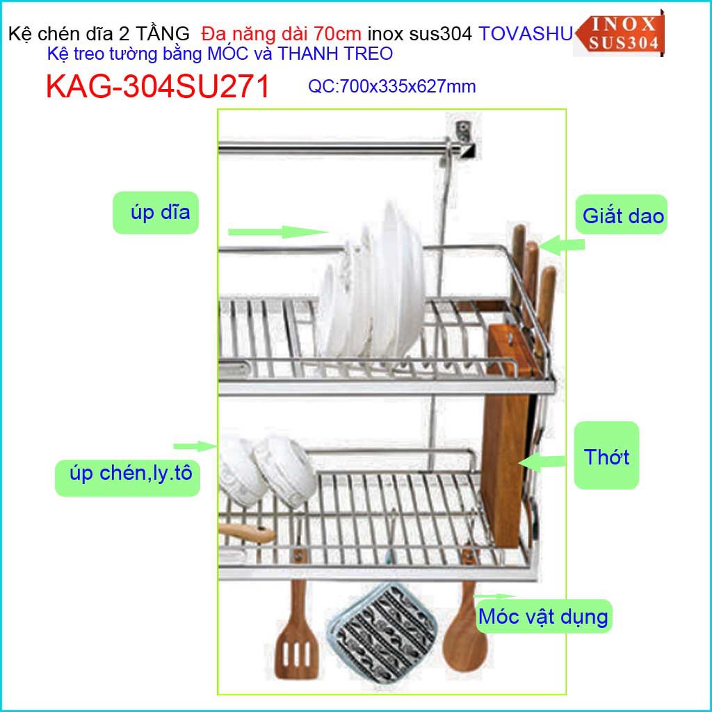 Kệ đựng chén bát Inox Tovashu KAG-304SU271, kệ chén dĩa 2 tầng inox 304 Nhật Bản 70cm có móc treo