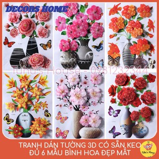 Tranh Dán Tường 3D Hình Bình Hoa, Có Sẵn Keo Dán, Đủ 6 Mẫu Bình Hoa Đẹp Mắt