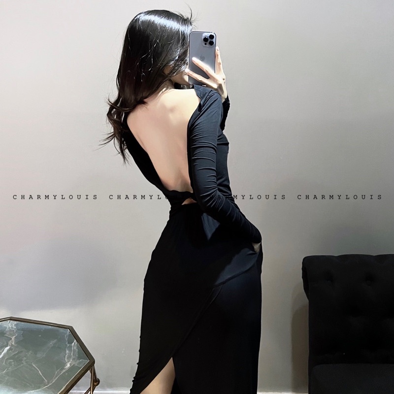 Set áo đen xoắn lưng và chân váy bút chì