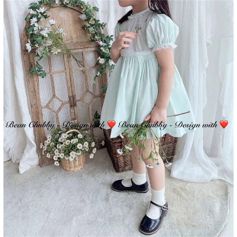 Đầm thô Hàn Quốc baby doll xanh mint pastel phối ren 1-10y
