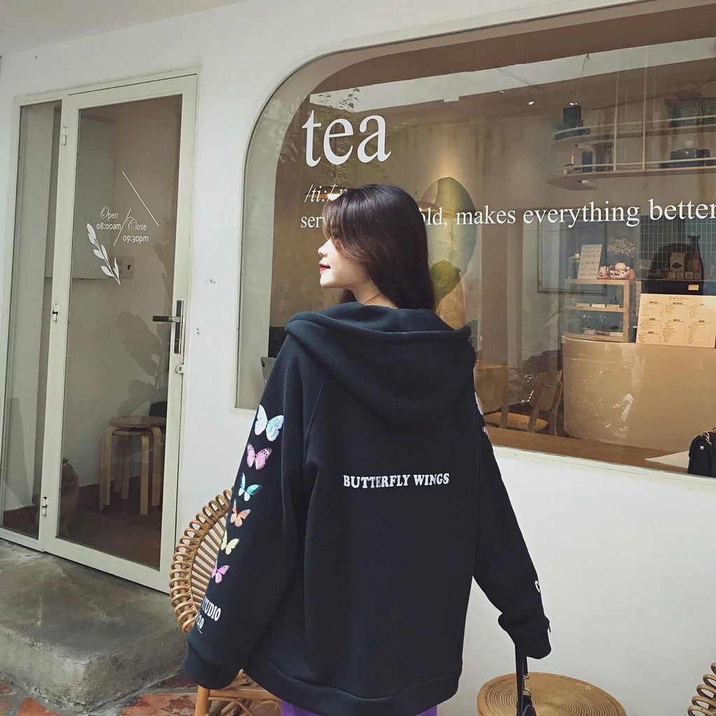 (New) ÁO NỈ KHOÁC DÂY KÉO BƯỚM CHER STUDIO HỒNG ĐEN - ÁO KHOÁC HOODIE CÁNH BƯỚM COUPLE