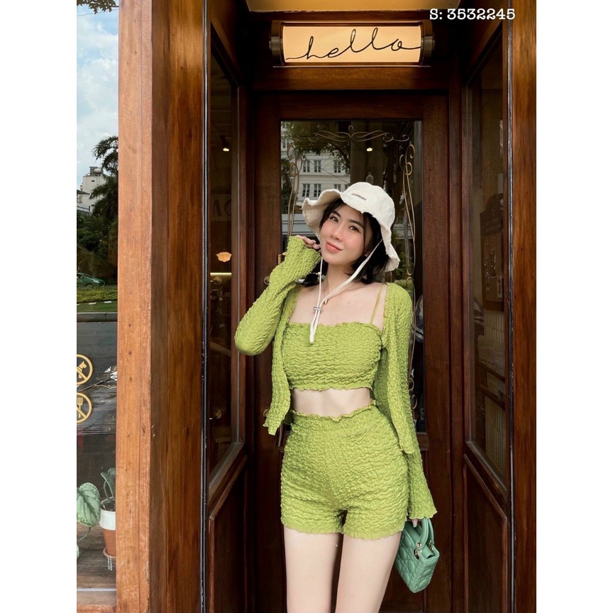 Sét xốp 3 món áo 2 dây croptop phối quần đùi kèm áo khoác ngoài trơn cực xinh , chất thun xốp dày dặn tv