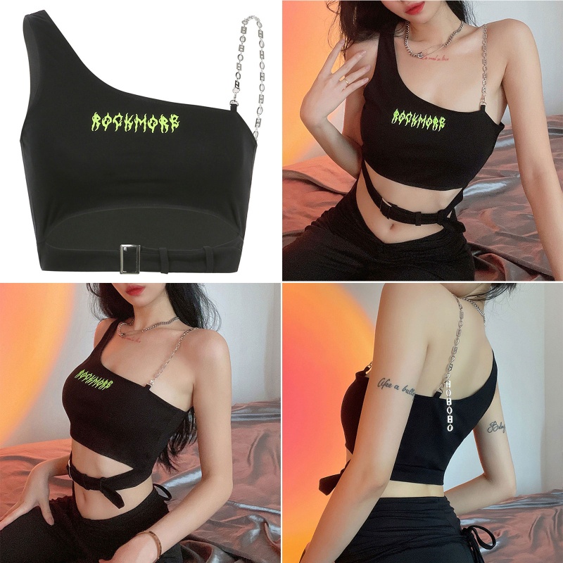 Áo Croptop Sát Nách Một Dây Xích Có Khóa In Chữ Cho Nữ