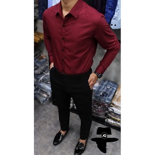 Sơ mi nam hàn quốc màu đỏ đô vải cotton lụa mềm mịn
