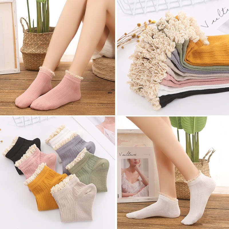 Set 10 Đôi Tất Cổ Ngắn Cho Nữ - Vớ Vintage Ren Bèo Nhún Siêu Hot