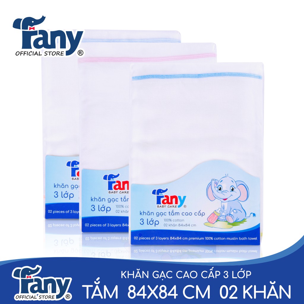 Khăn gạc tắm cao cấp 3 lớp Fany® 84x84 cm 100% cotton 2 khăn/ bịch mềm mại thấm hút tốt 6 màu sắc