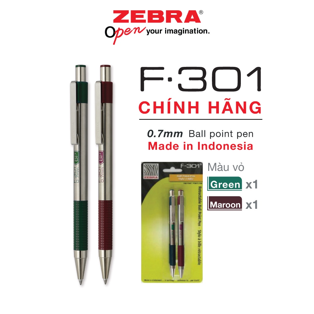 Combo 2 cây viết bi bấm F301 0.7mm - Zebra [Chính hãng] - mực xanh