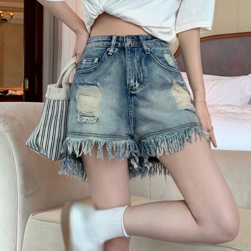 Quần Short Denim Mỏng Lưng Cao Dáng Ôm Kiểu Retro Hàn Quốc Cá Tính