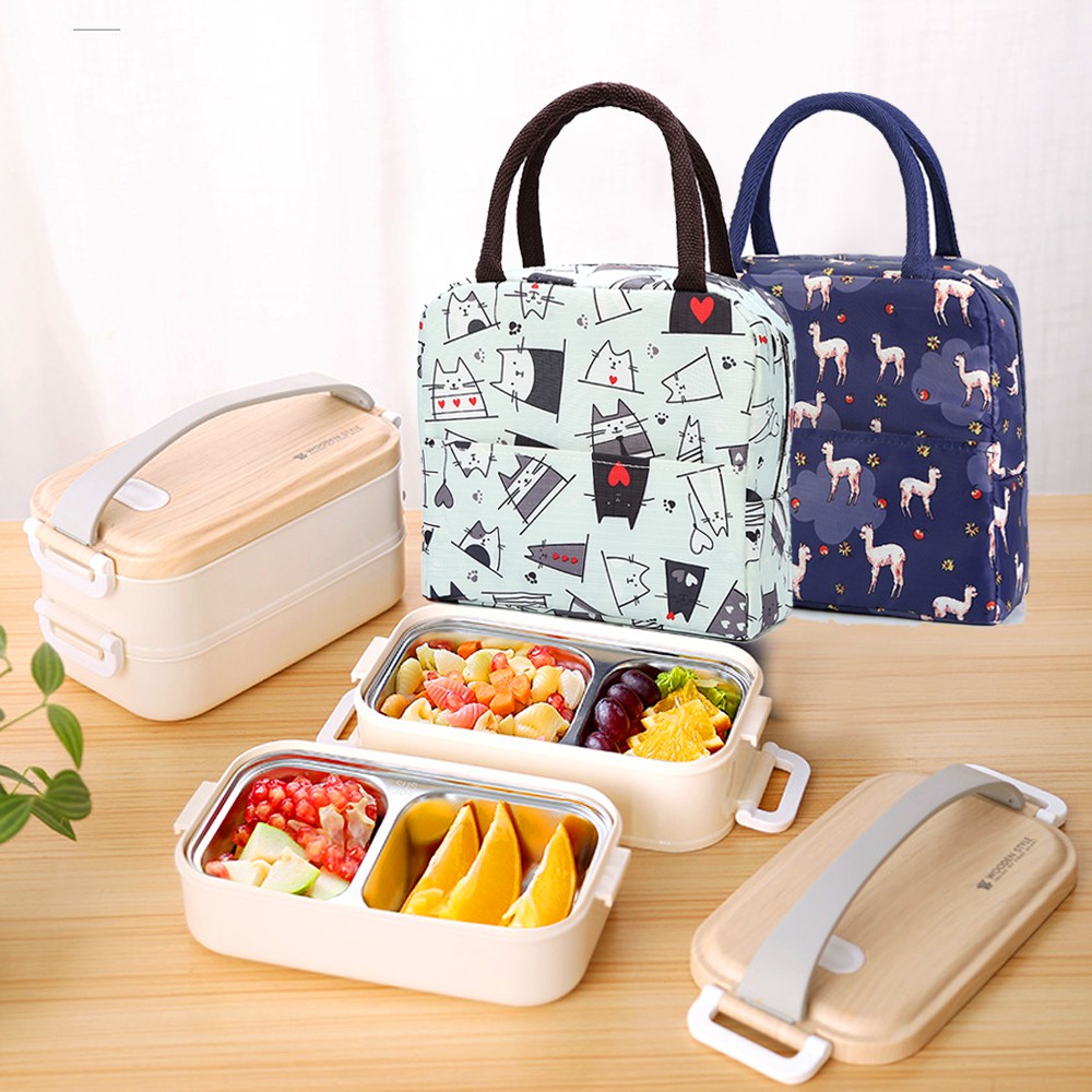 [Kèm Túi] Hộp Đựng Cơm WOODEN STYLE 2 Tầng Ruột Inox Tháo Rời HC01 | BigBuy360 - bigbuy360.vn