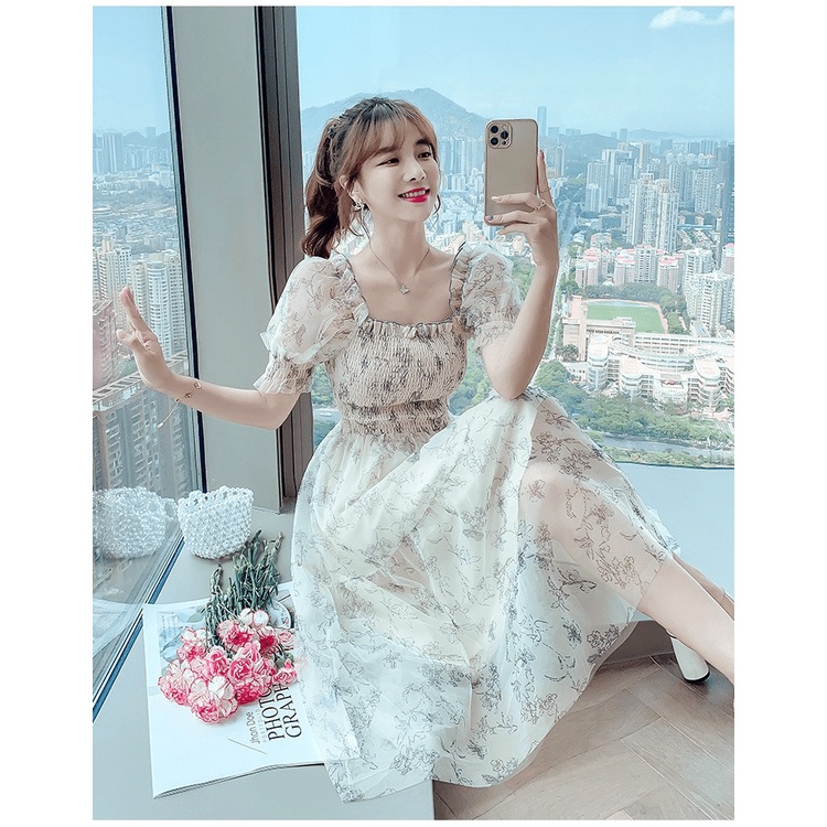 [ STYLE HÀN QUỐC ] ĐẦM VOAN TAY LỠ/ CỔ VUÔNG/ PHỐI HOẠ TIẾT HOA TÍM, CỰC TIỂU THƯ, MẶC CỰC XINH VÀ SANG TRỌNG, NHIỀU SIZ