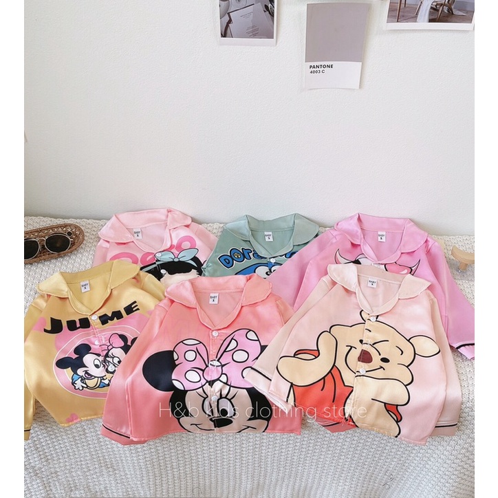 Bộ Pijama lụa tay dài in hình siêu cưng cho bé gái ạ Size 10-20kg