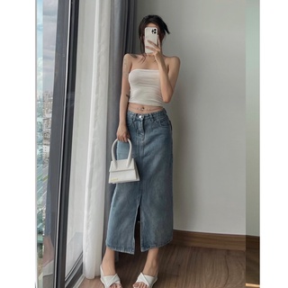 [ HÌNH THẬT ] Chân váy Jeans dài xẻ tà - áo tube trắng