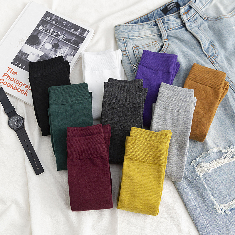 Vớ dài cao đến đầu gối vải cotton dệt kim giữ ấm chân trơn màu
