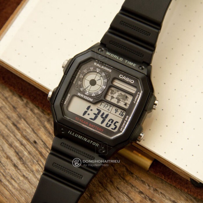 Đồng hồ nam Casio AE 1200-WHD classic chống nước , dây thép không gỉ (dây bạc mặt đen).