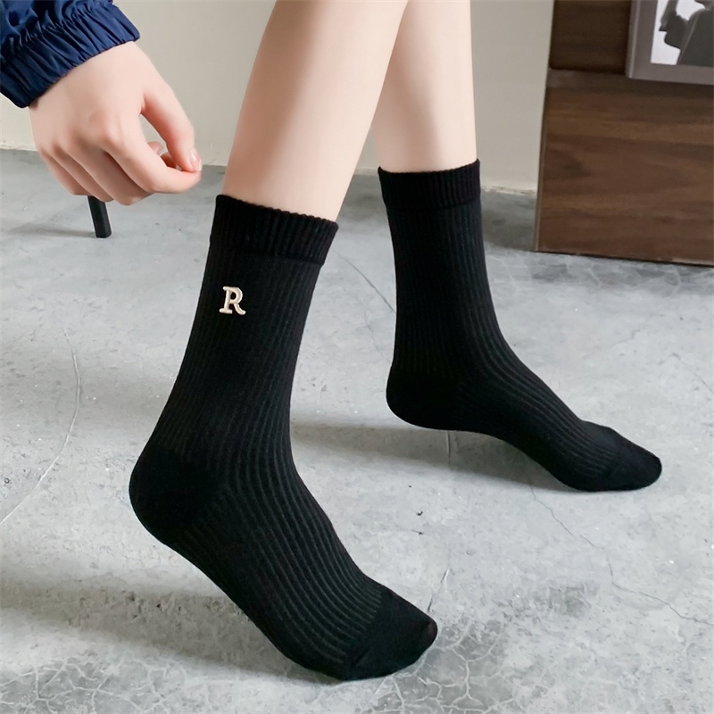 Vớ Cotton Cổ Vừa Màu Trơn Thêu Chữ Phong Cách Thể Thao Thời Trang Cho Nữ