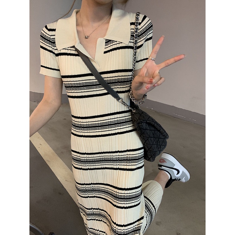 Đầm Dệt Kim Cổ Polo Tay Ngắn Họa Tiết Kẻ Sọc Phong Cách Hàn Quốc Thời Trang Mùa Hè Dành Cho Nữ 2022