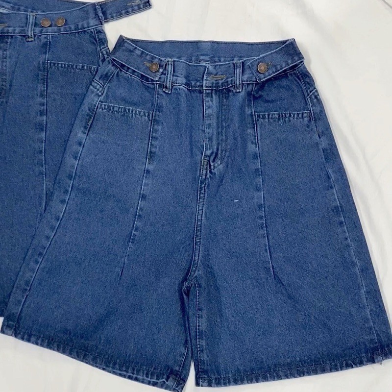 (Bigsize 30-36) Quần Ngố Cotton Ống Rộng, Quần Short Jean Lưng Cao, Không Giãn, Quần Suông Lửng Xanh Đậm Basic