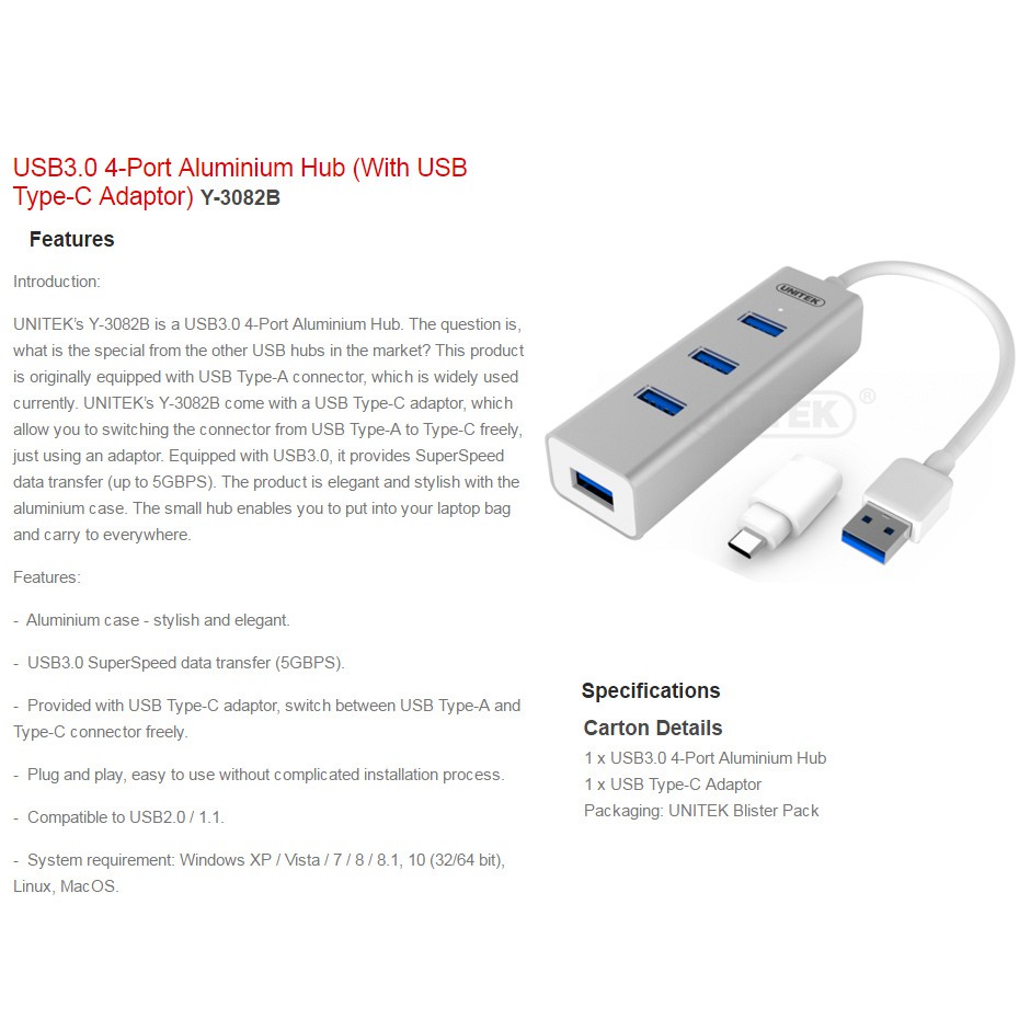 Bộ Hub Chia Type-C và USB 3.0 thành 4 cổng USB 3.0 Unitek Y-3082B