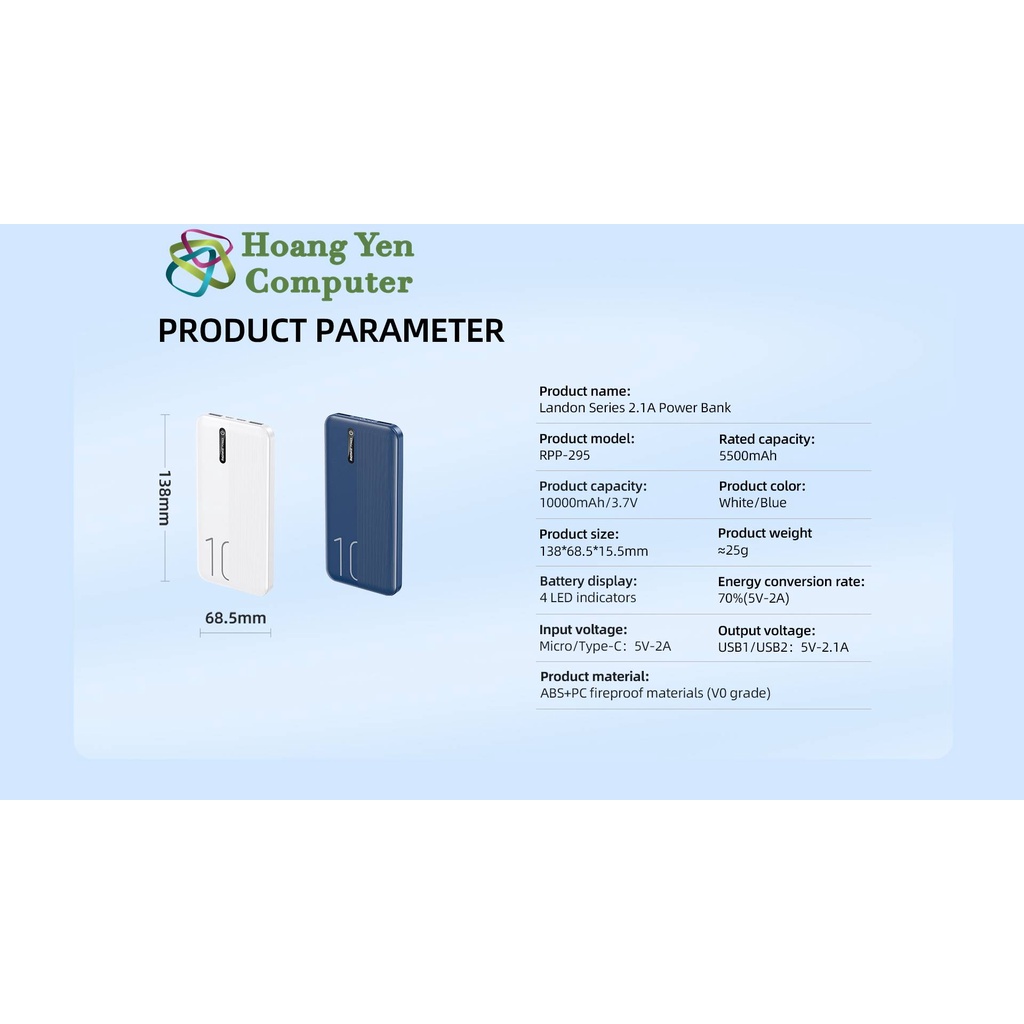 Sạc Dự Phòng Remax RPP-296 20000mAh Lõi Polymer 2 Cổng Sạc Vào, 2 Cổng Sạc Ra - BH 1 Năm - Hoàng Yến Computer