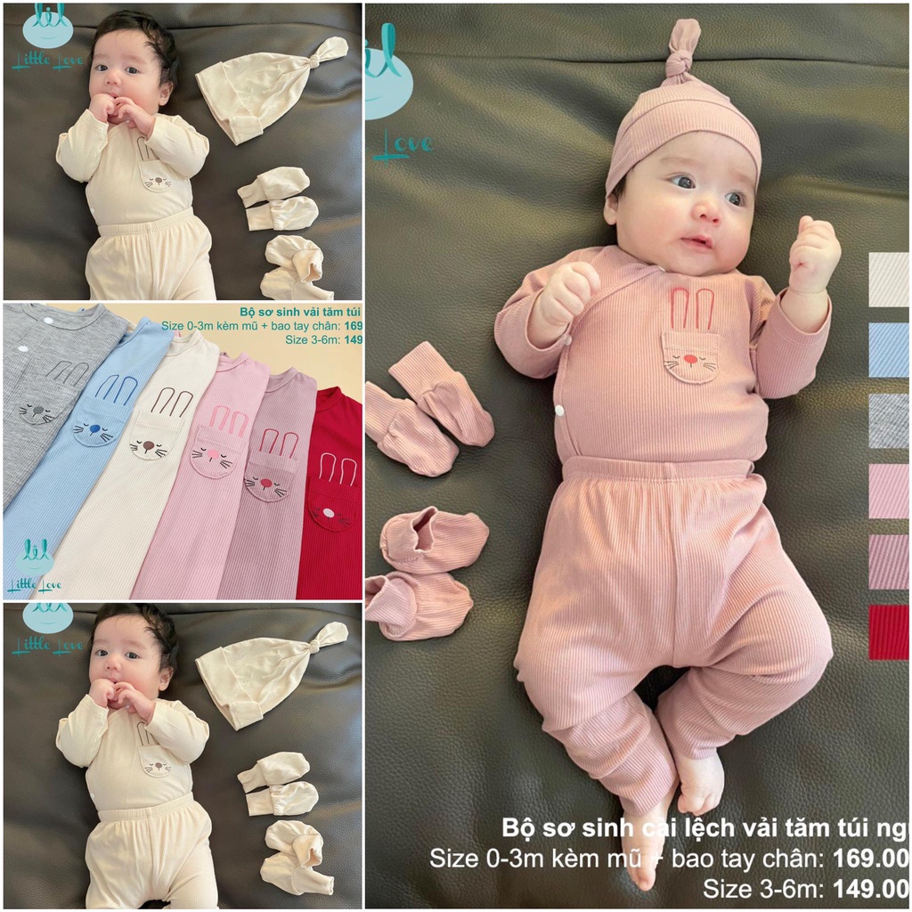 Bộ dài tay sơ sinh vải tăm khuy chéo túi ngưc Little Love