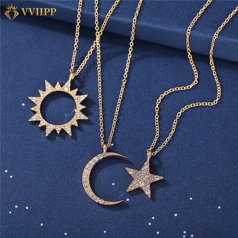 Bộ Dây Chuyền+Bông Tai Hình Mặt Trăng Và Ngôi Sao Đính Đá