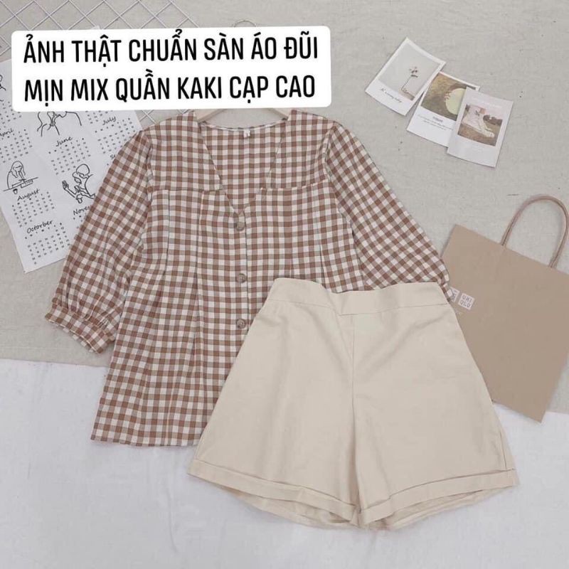 Set bộ áo đũi kẻ quần kaki xinh xắn 💖FREESHIP💖 quần cạp cao mix với áo kiểu cực xinh AD68