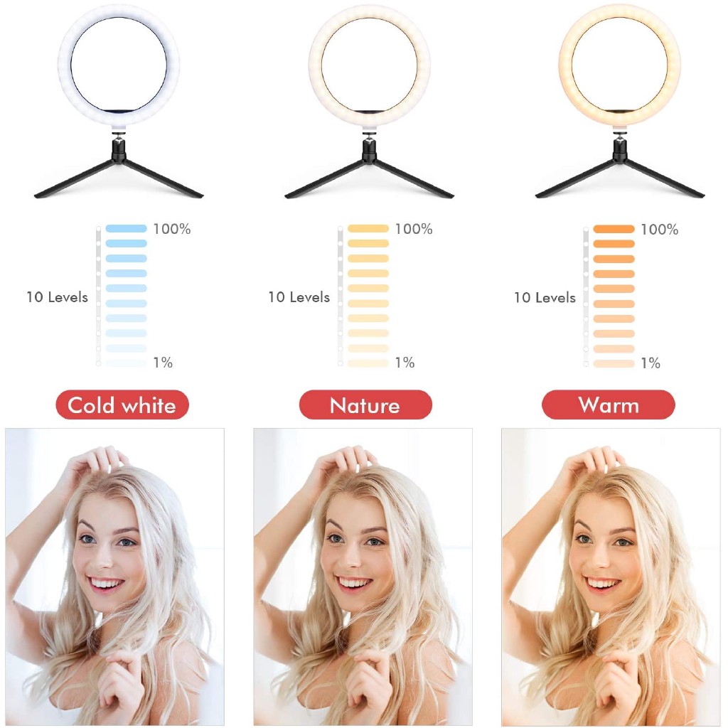 Đèn Led Hỗ Trợ Chụp Ảnh Selfie 24h 26cm &amp; 10 Chế Độ Và 3 Bóng Đèn 120 Bóng 5500k