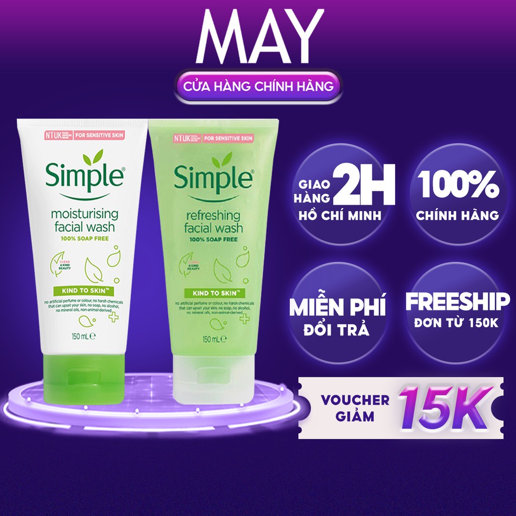 Sữa Rửa Mặt SIMPLE Dạng Gel Làm Sạch Da, Dưỡng Ẩm và Kiềm Dầu Kind To Skin Facial Wash 150ml