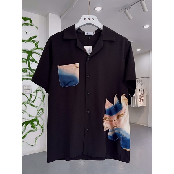 Set sơ mi và quần soóc đen lụa thô vá hoạ tiết WAGG cao cấp